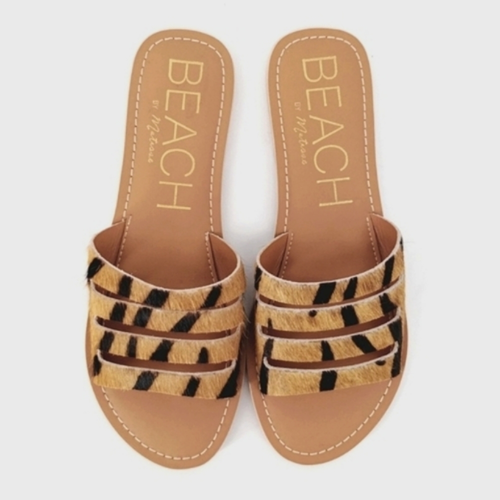 BEACH By Matisse Boardwalk Wmns Brown Zebra Print Dyed Cow Fur Sandals Slides 9